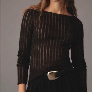 Pilcro Black Sheer Striped Off-the-Shoulder Sweater